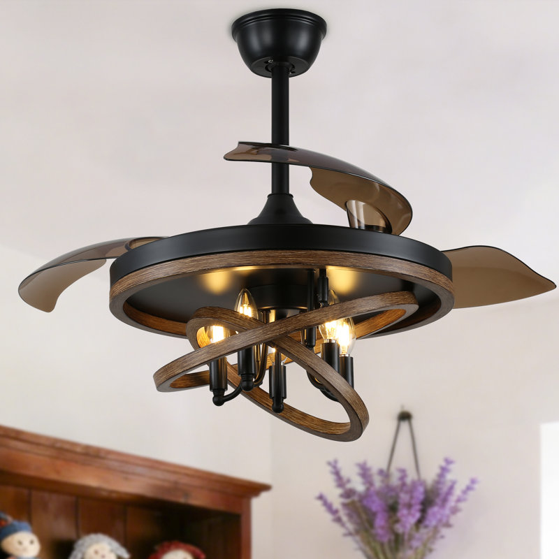 42" Brown Modern Retractable Ceiling Fan with Light Kit and Remote DIY Shade 6-speed Reversible Motor for Bedroom
