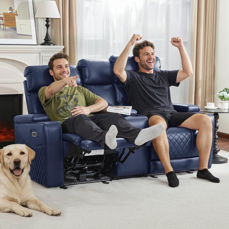 Power Reclining Loveseat Sofa with Adjustable Headrests and Console, Home Theater Seating, Navy Blue