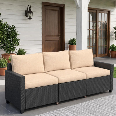 3-Seater Gradient Rattan Outdoor Sofa with Fixed Tall Legs & Detachable Washable Cushions, Weather Resistant Outdoor Patio Furniture Set for Garden, Backyard, Courtyard(Beige)