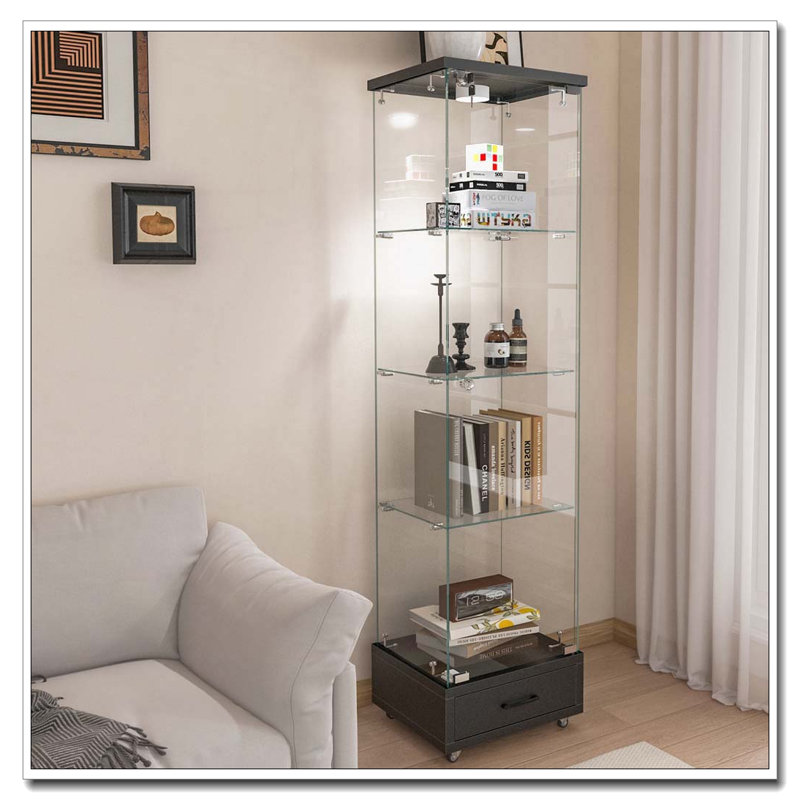 Vitrine moderne en verre avec tiroir et lumières DEL, Noir, naturel