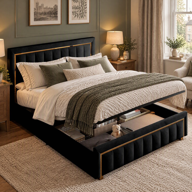 Lift Up Storage Bed Frame, European Double (140 x 200 cm), Black