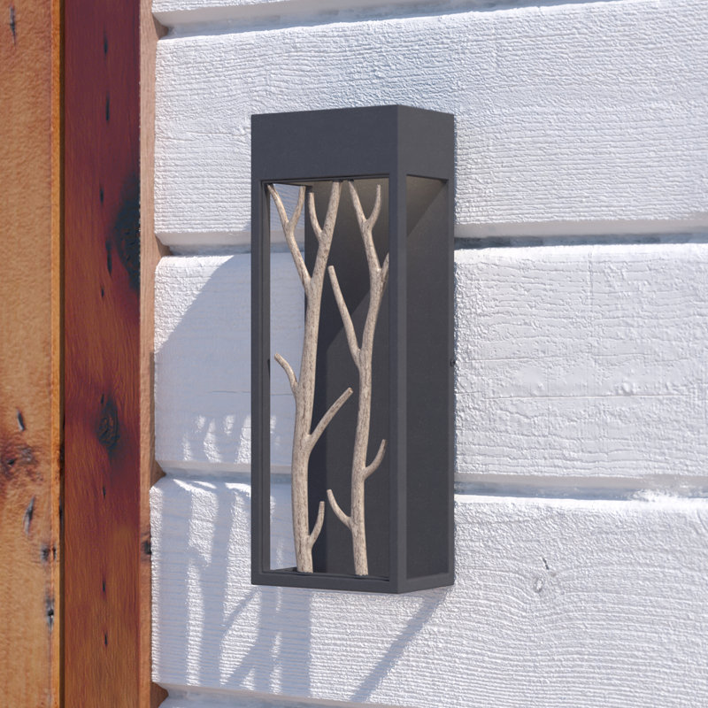 Fabrizio 15.5 in. H 1-Light Textured Black and Poplar Rustic Outdoor Wall Sconce made of Durable Steel, Integrated LED, Dark Sky Compliant, Use for Exterior Porch Patio Front Door or Garage