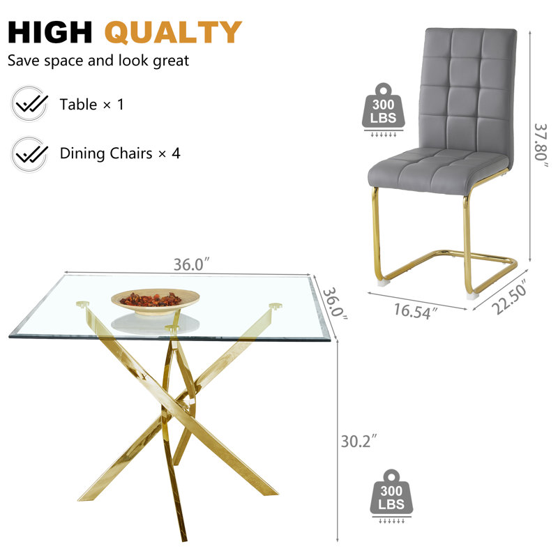 Square Pedestal Dining Set With 4 Luxury Faux Leather Dining Chairs, Gold, Gray/Gold