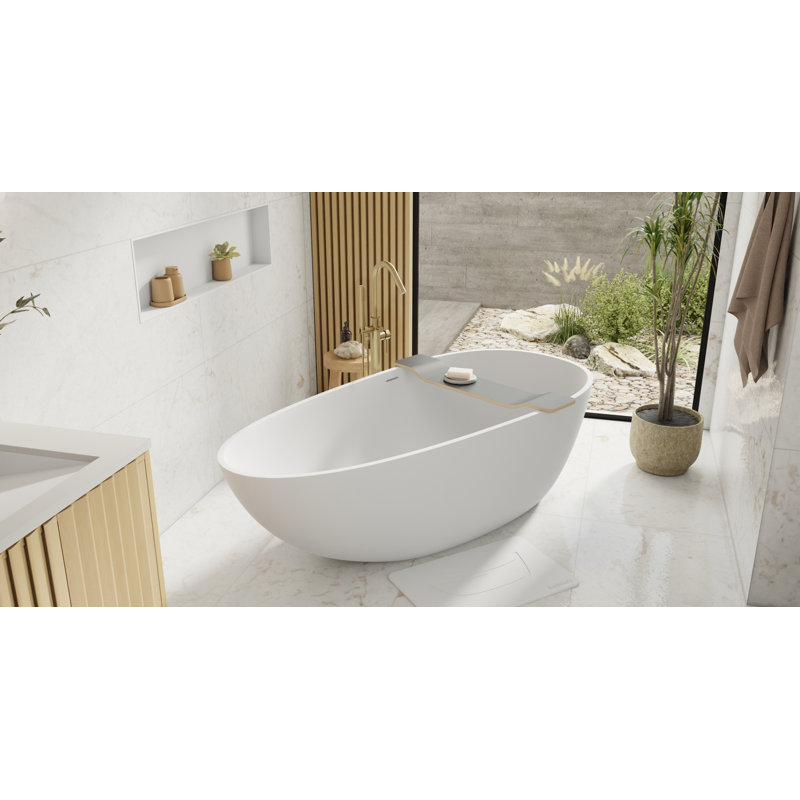 Badeloft 72.8" x 32.7" Freestanding Soaking Stone Resin Bathtub with Overflow and Drain BW-01-XL-M in Matte White