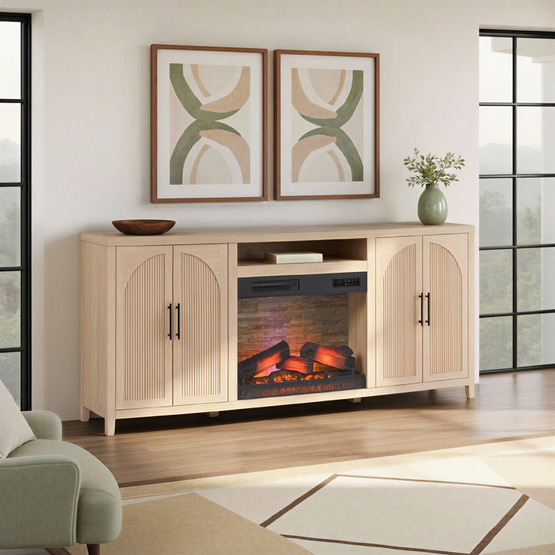 Sasha 80” Modern Reeded TV Stand with duraflame® Smart Electric Fireplace with Alexa Voice & App Control, Coastal Oak