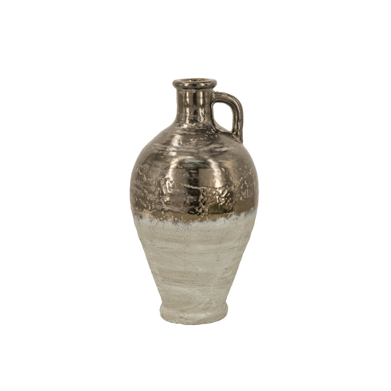 Wide Terracotta Jug Vase with Metallic Bronze and Natural Tan Finish