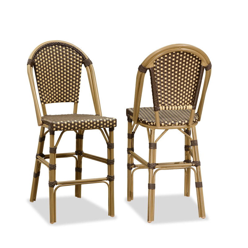 Patio Bamboo Print Finish Bar Stools With Rattan Back (Set Of 2), Counter Stool (25" Seat Height), Dark Brown/Brown