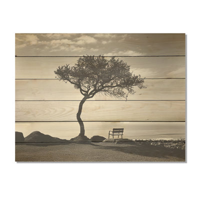 Arbre de solitude noir et blanc, horizon côtier - Minimalisme côtier, art mural sur bois de pin naturel