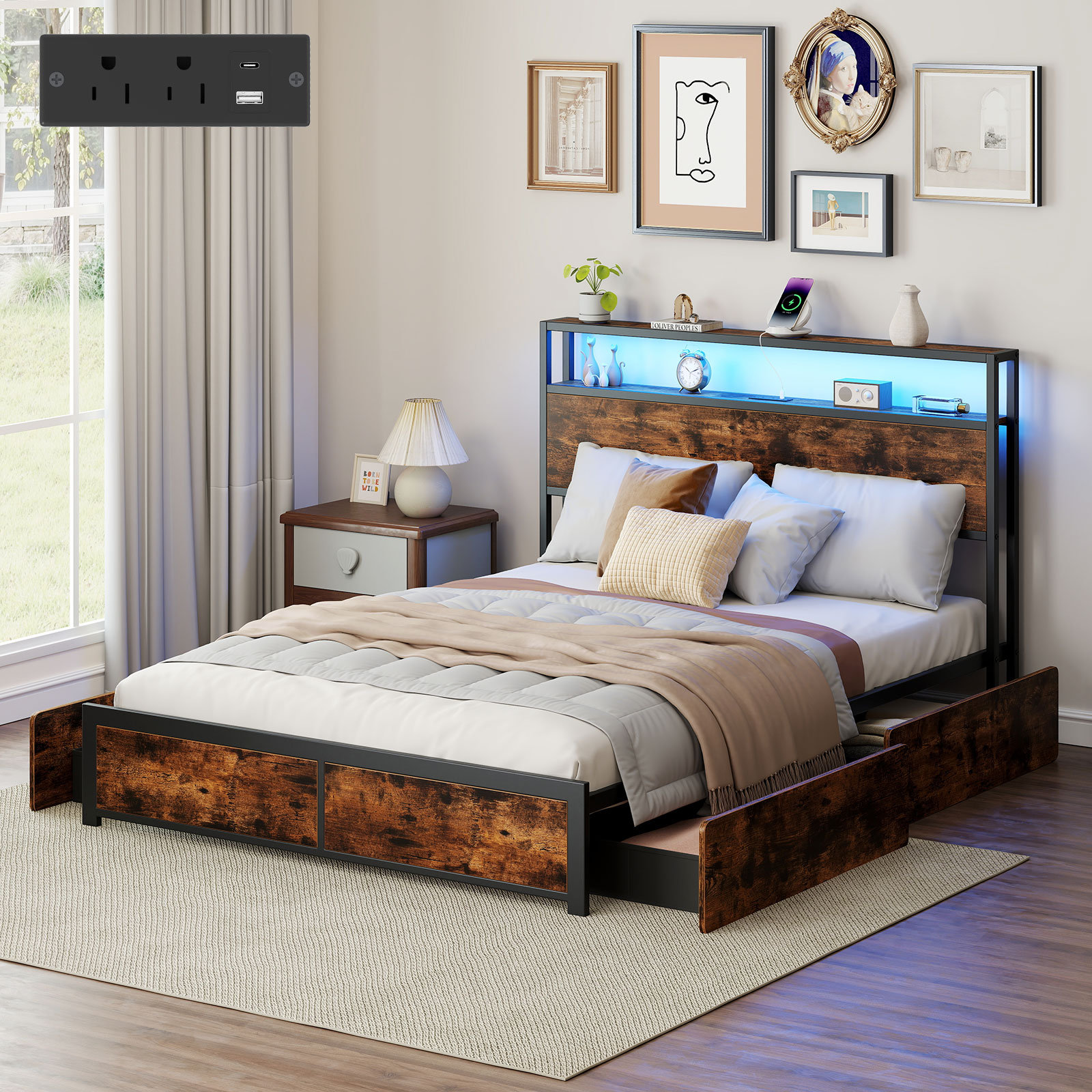 17 Stories Full Size LED Bed Frame w/2-Tier Storage Headboard & 4 ...