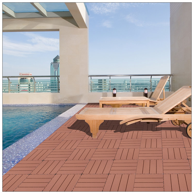 Plastic Interlocking Deck Tiles, Easy Installation, Waterproof, All-Weather Use For Outdoor And Indoor Spaces, Mahogany