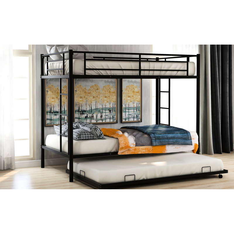 Lit simple au-dessus d'un lit superposé noir avec lit gigogne - Fabrication en métal, construction facile à détendre, aire de repos confortable