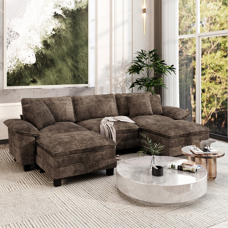 124" Modular Sectional Sofa, Oversized U Shaped Couches With Ottomans, 5-seater Deep Seat Sofa With Throw Pillow