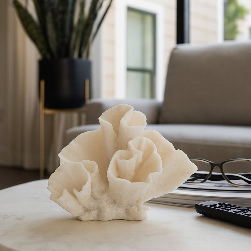 Decorative Polyresin Coral Figurine Object for Home Decor - Coastal Statue Sculpture for Console Table Accent or Living Room Decoration - Ivory & Tan