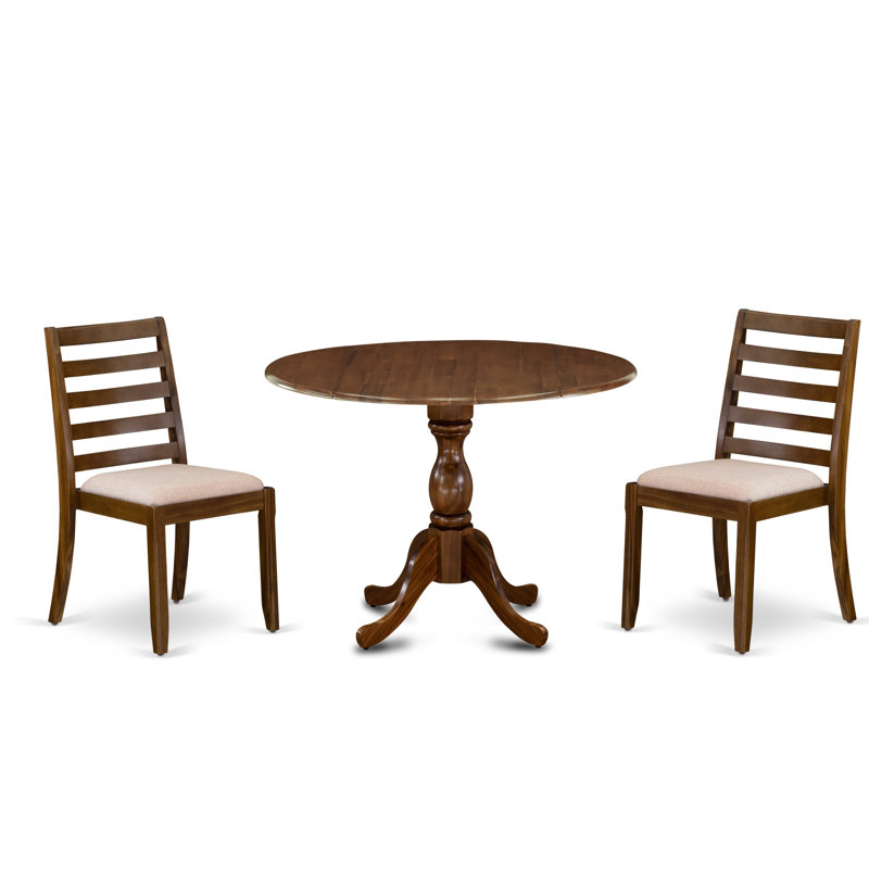 Ensemble de table de cuisine 3 pièces F313A72B9DA0471FA414A5BDBFDB2D96 - table ronde et 2 chaises empilables en tissu lin beige clair, fini noyer antique.