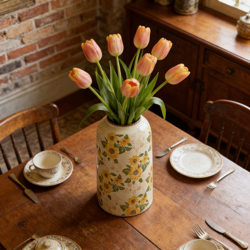 Large Farmhouse Ceramic Vase With Sunflower Design, Vintage Ice Crackle Finish, Rustic Home Decor For Living Room, Dining Table, Or Shelf