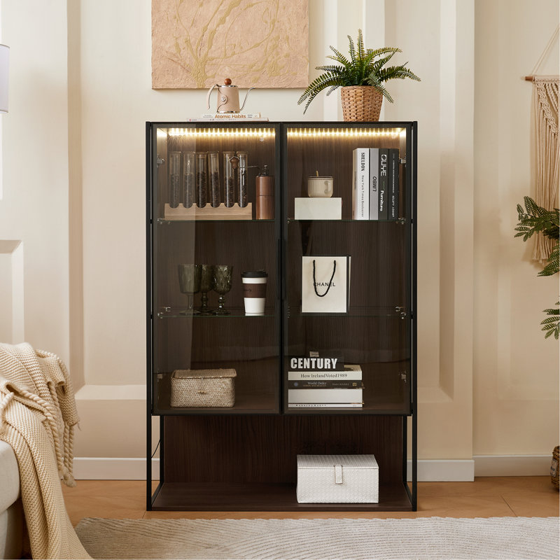 Freestanding Lighted Display Cabinet With Glass Door, Pantry Cabinet With Metal Frame & Storage, Curio Cabinet With 4-Tier Adjustable Glass Shelves, For Livingroom, Kitchen & Office