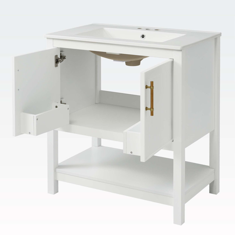 Meuble-lavabo blanc 30 po avec lavabo en céramique et rangement polyvalent, Blanc