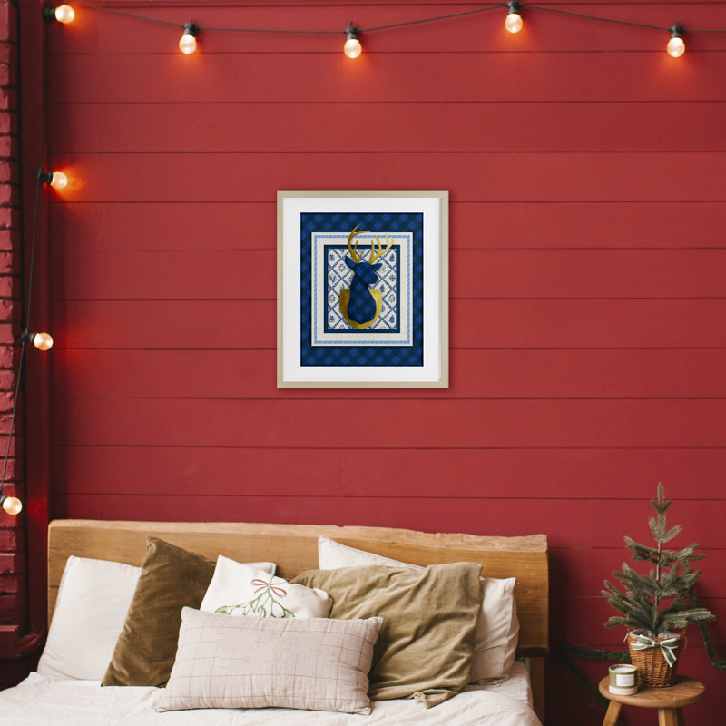 Hiver à motif écossais de cerf à motif doré sous verre, conception de Jilly Jack Designs, H 21 po x l 17 po