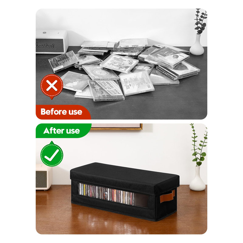 Boîte de rangement pour 4 CD avec fenêtre visible, porte-CD empilable avec couvercle anti-poussière et poignées, peut contenir jusqu'à 148 CD dans des écrins à bijoux, noir