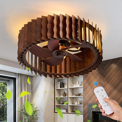 19.09" Ceiling Fan With Light Walnut Wood Caged  – Remote Control, Reversible Blades For Bedroom & Dining Room