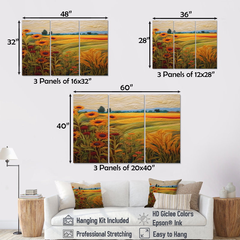 Tournesols par le pré vert - ensemble de décoration murale prairie, Toile tendue, H 40 po x l 60 po x P 1 po