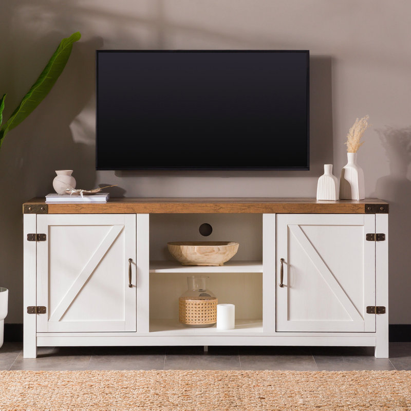 Modern Farmhouse Barn Door 3-Shelf TV Stand For Tvs Up To 65”, Brown/Oak