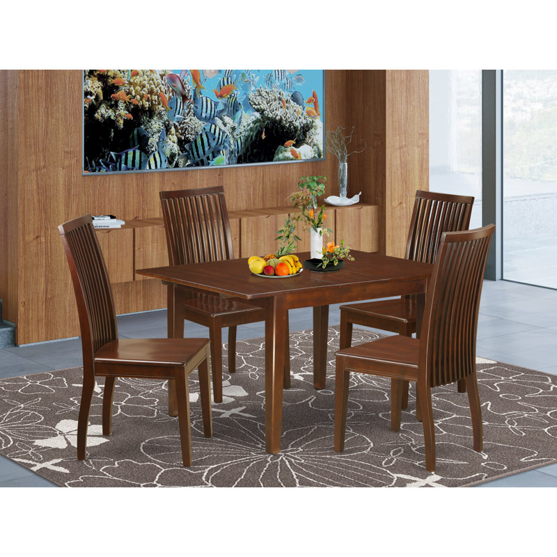 5 Piece Dining Table Set for 4 Includes a Rectangle Kitchen Table with Butterfly Leaf and 4 Linen Fabric Kitchen Dining Chairs, Mahogany