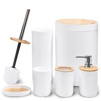 Bamboo Bath Accessories-5-Piece Set Natural Wood Tray, Lotion Dispenser,  Soap Dish, Toothbrush Holder, Wastebasket-Bathroom and Vanity by Lavish Home