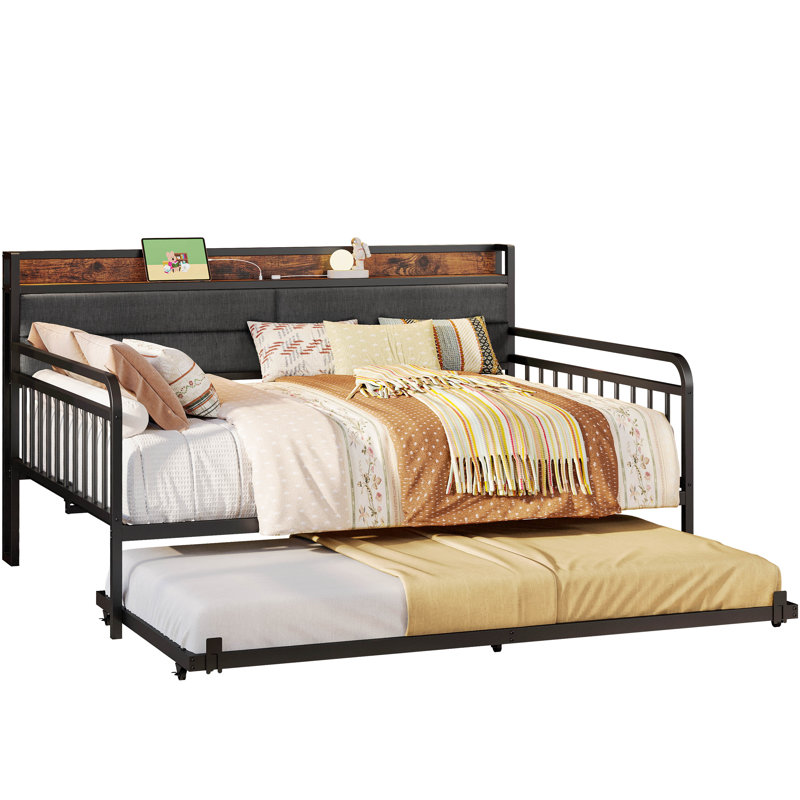 Daybed With Trundle Day Bed With Upholstered Headboard And Charging Station, Black, Full / Double