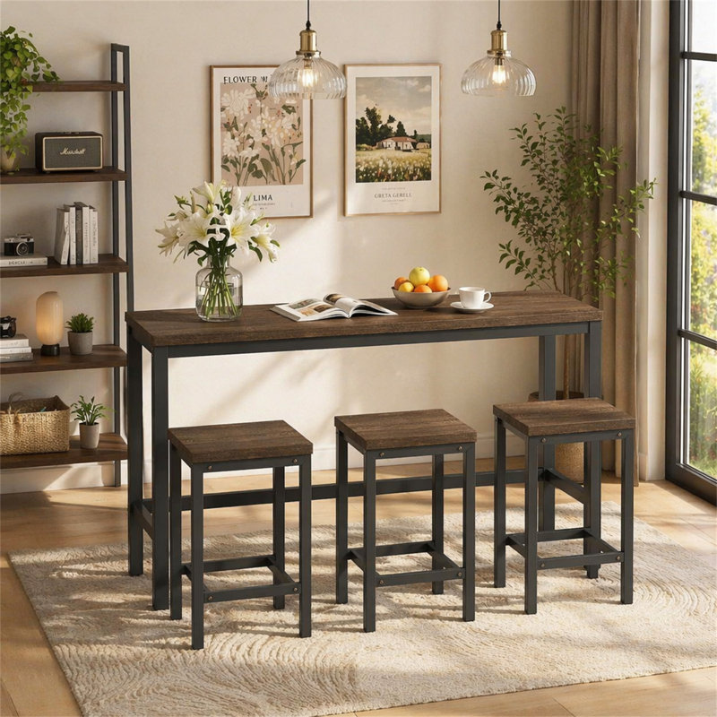 Table de salle à manger de cuisine moderne, table de pub, ensemble de table de salle à manger longue avec 3 tabourets, assemblage facile, brun foncé