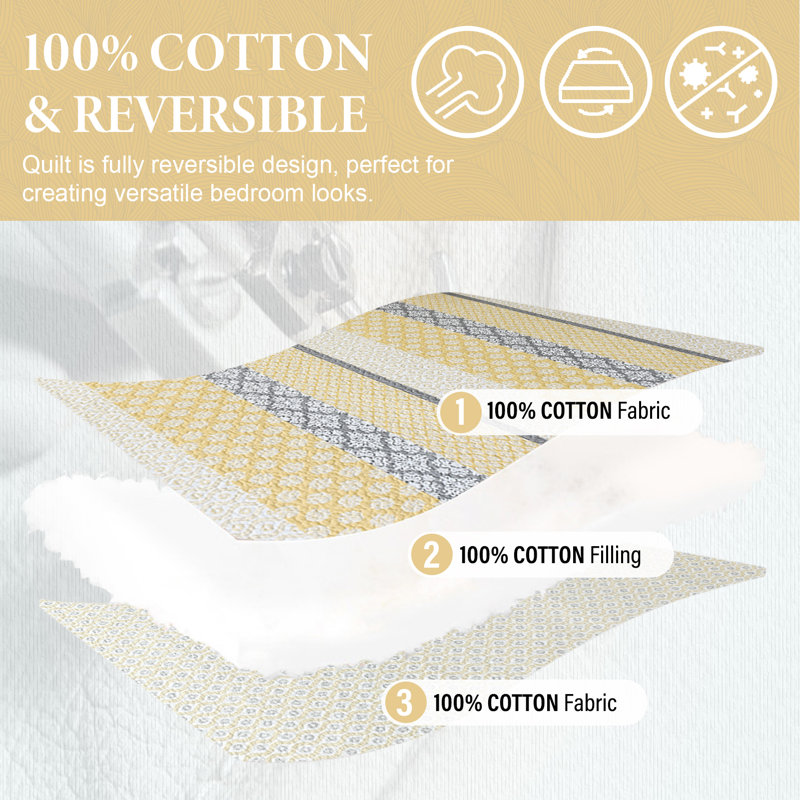 King Size White and Yellow Cotton Reversible Quilt Set