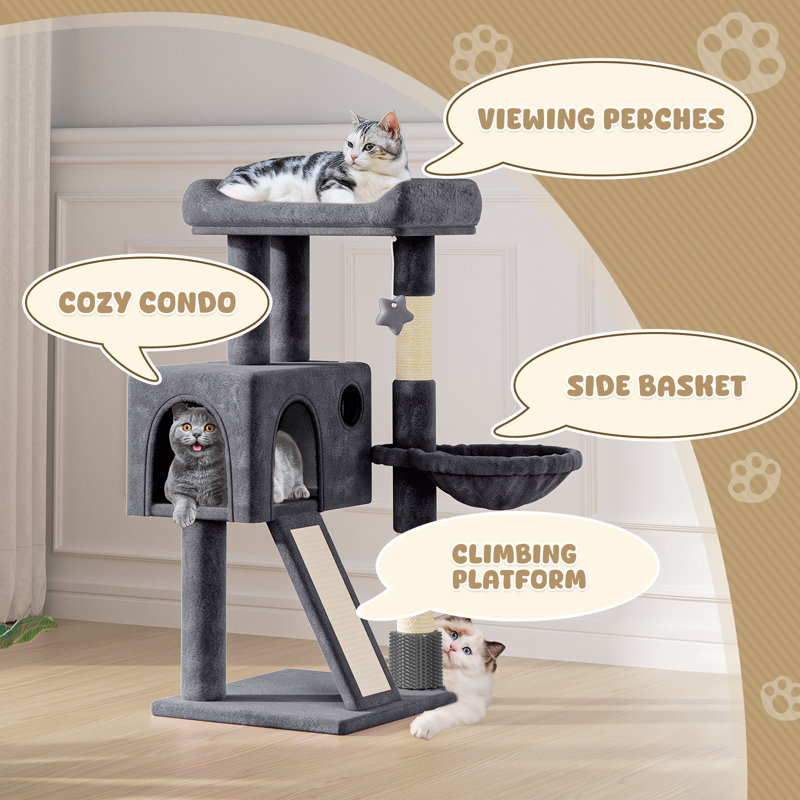 Tour pour chat de 36 po avec hamac, poteaux à griffer en sisal et rampe, parfait pour les chats d'intérieur, Mauve