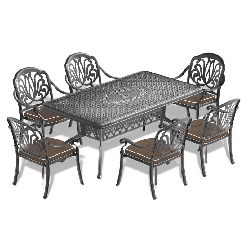 Ensemble de table de salle à manger d'extérieur en aluminium coulé avec trou pour parasol et coussins bruns 68,90 "L 37,40"