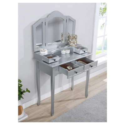 Ensemble de coiffeuse et tabouret en bois argenté Sanlo avec miroir biseauté à 3 panneaux et 4 tiroirs