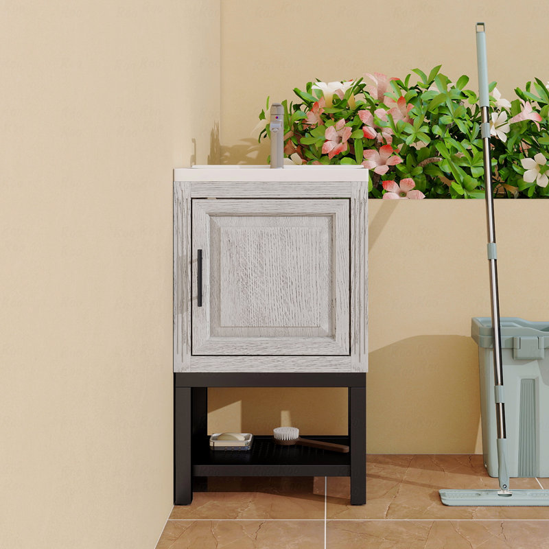 Petit meuble-lavabo de 20 po avec lavabo et robinet d'eau chaude et froide, armoire de salle de bain autoportante avec lavabo en céramique blanche, rangement pour salle de bain avec 1 porte et tablette ouverte en fer