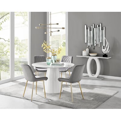 Edward Statement Pedestal Dining Table Set with 4 Luxury Velvet Upholstered Dining Chairs -  East Urban Home, 42A18454A86B4649A347DAC8011A8A91