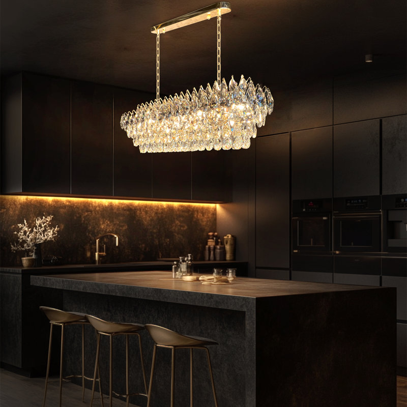 Lustre rectangulaire en cristal de luxe 14 lumières à intensité variable , Gold