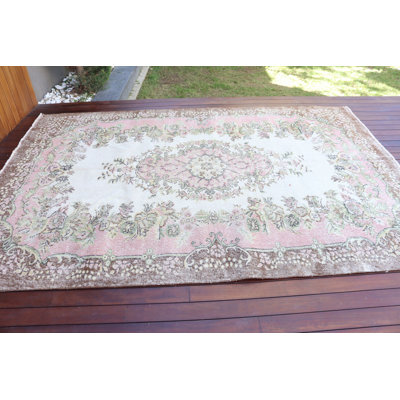 Grand tapis turc vintage beige en laine à motif floral rétro pour la décoration de salon rétro