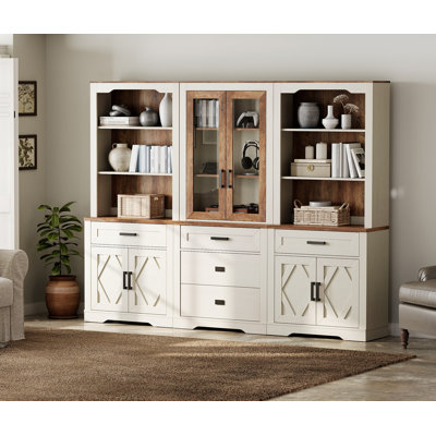 Ensemble de bibliothèque à 3 colonnes, bibliothèque à 5 niveaux avec rangement ouvert et portes en verre, bibliothèque en bois de 73 po de hauteur avec armoire de rangement et tiroirs pour bureau, chambre à coucher, salon, blanc antique