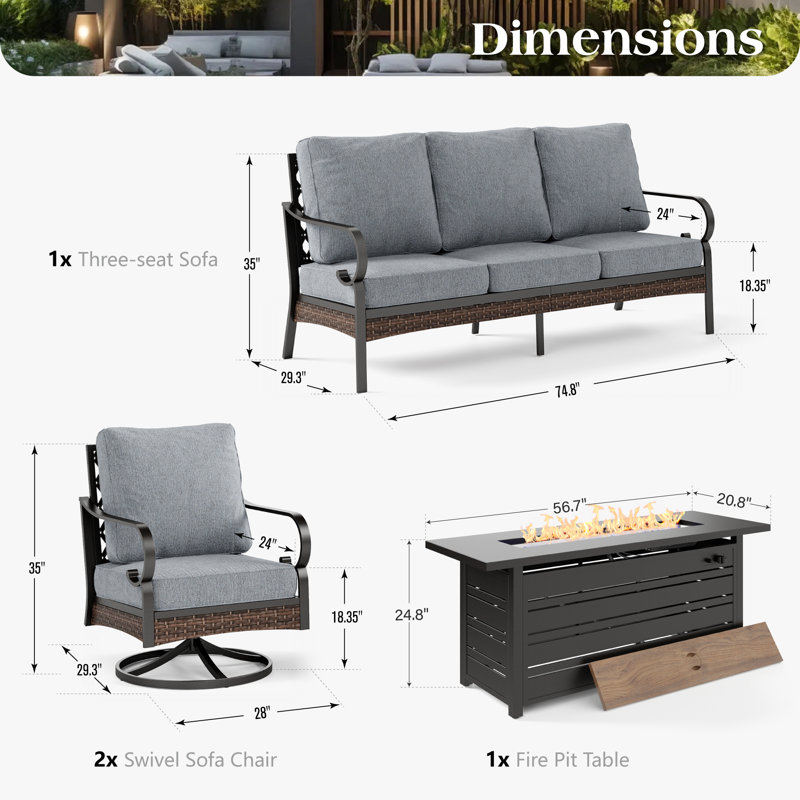 5 Person Outdoor Conversation Set With Swivel Lounge Chairs & Fire Pit Table, Black/Gray/Black