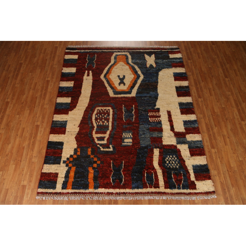 Tapis unique en laine noué à la main 8 pi 2 po x 10 pi 3 po New Age - bleu / rouge / brun