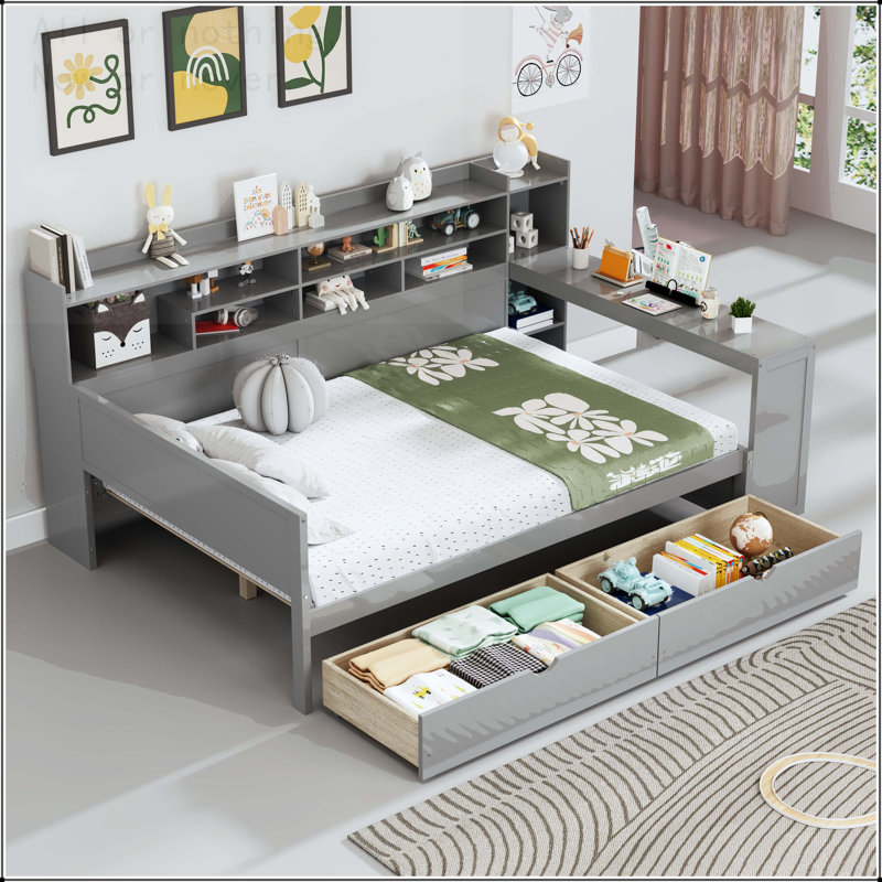 Lit de jour en bois avec tablettes de rangement, tiroirs et bureau d'étude, Lit double, Gris