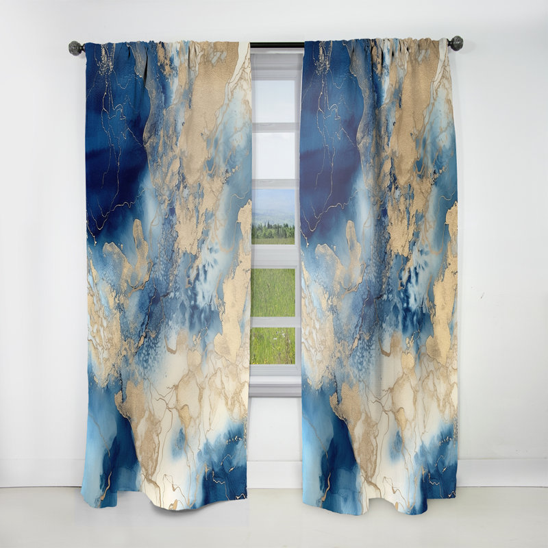 Dehanae - Art abstrait liquide bleu et blanc IV - Rideau moderne - Velours obscurcissant - 1 panneau, L 52 po x L 84 po