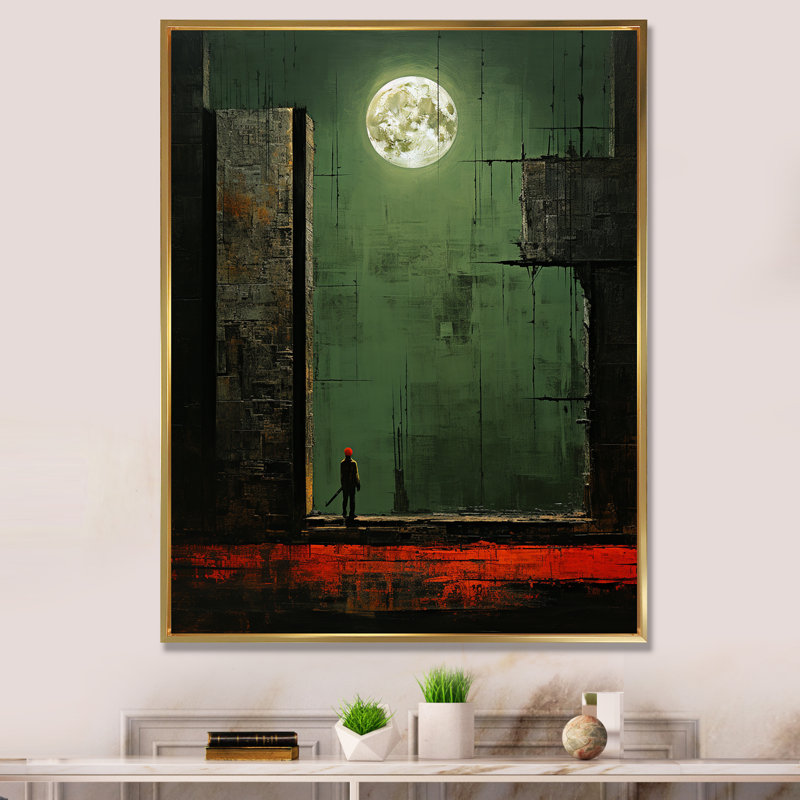 «Full Moon Urban Solitude Retro Minimal I», reproduction sur toile, H 44 po x l 34 po x P 1,5 po, Cadre flottant doré