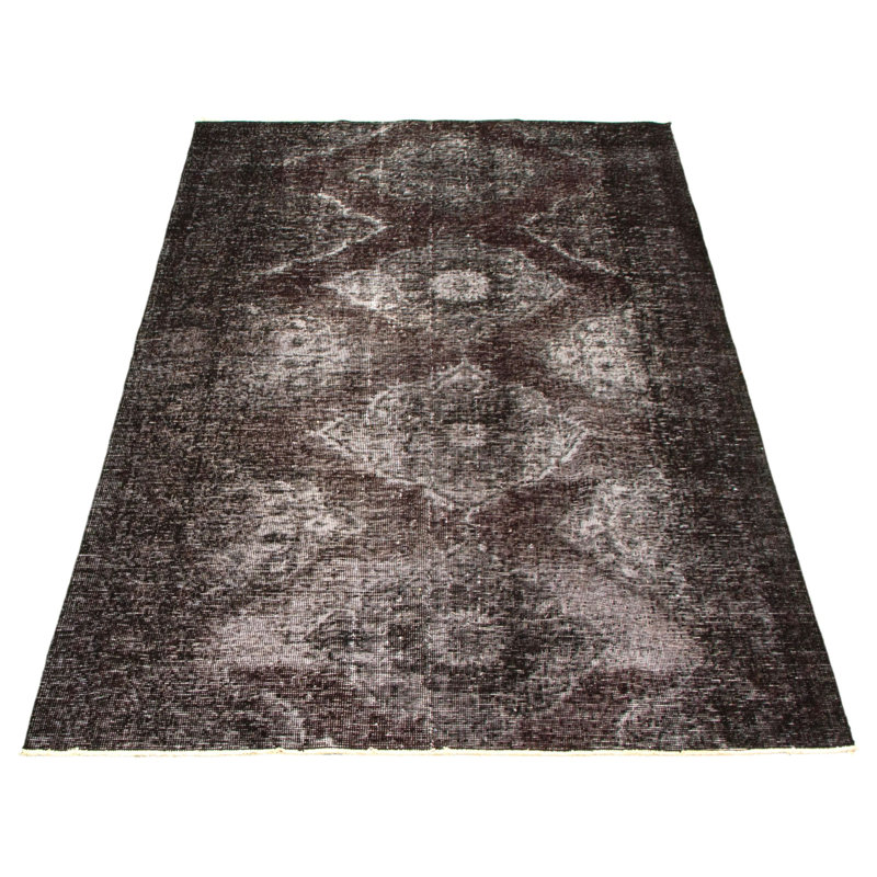 Tapis décoratif noir en laine de conception unique 4 pi 10 po x 8 pi noué à la main 1980s