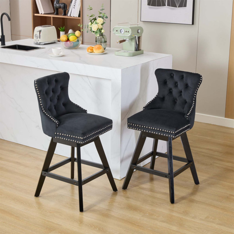 Swivel Velvet Barstools With Button Tufted Design, Wooden Legs, And Chrome Nailhead Trim, Set Of 2, Black