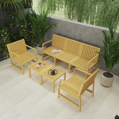 Five-Piece Indoor/Outdoor PP Furniture Set, 3-Seater Long chair, 2 Chairs & 2 Coffee Tables, Easy Assembly Patio Conversation Set