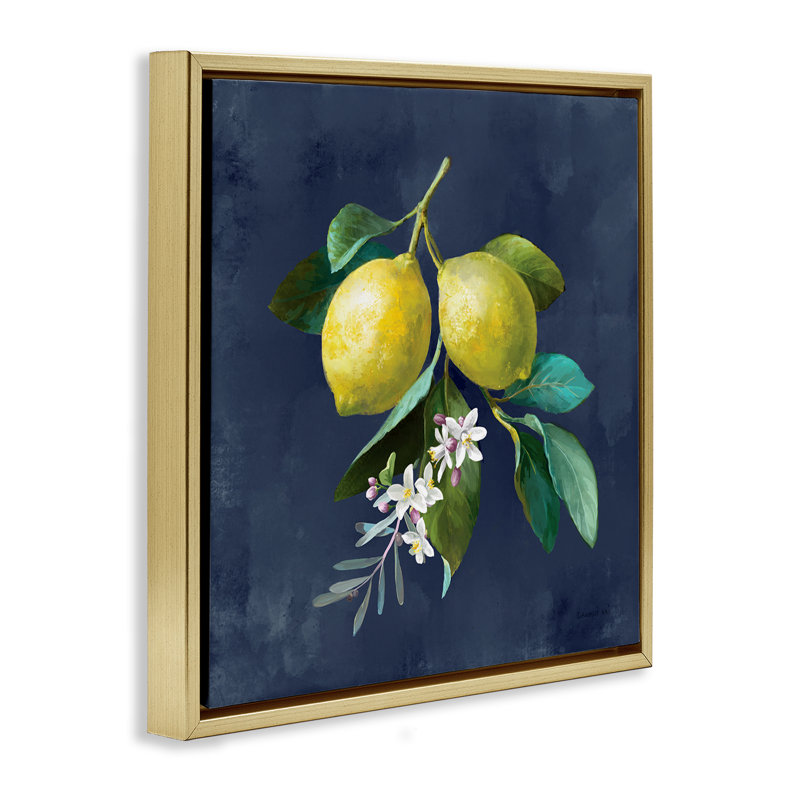 «Lemon Branches on Blue» par Danhui Nai, Cadre flottant métallique doré, H 25 po x l 25 po