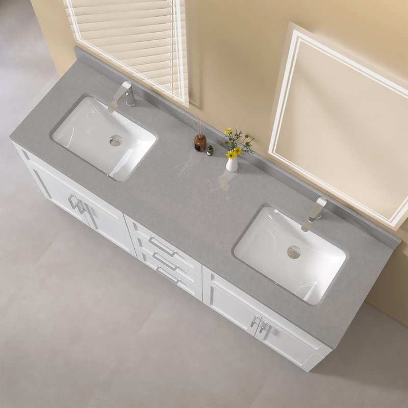 Évier intégré double 72 po x P 22 po en pierre reconstituée avec dosseret gris marbré de 4 po