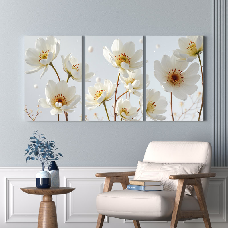 Fleurs blanches, ensemble de 3 reproductions d'art sur toile tendue sur toile, H 30 po x l 60 po